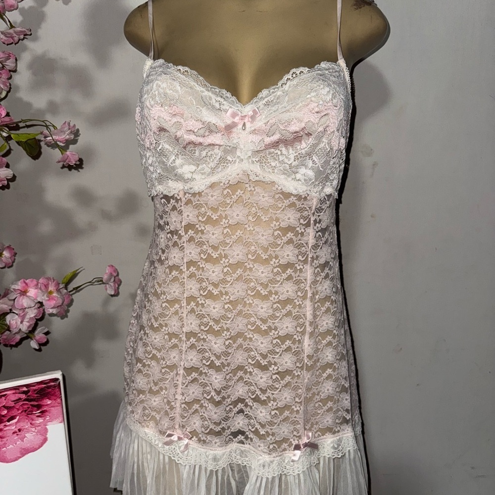 In Bloom Pink and White Lace Chemise with Fringe Detail